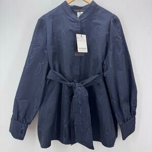 NWT Marina Rinaldi Belted Navy Blue Blouse Long Puff Sleeves Plus Size 22 Career